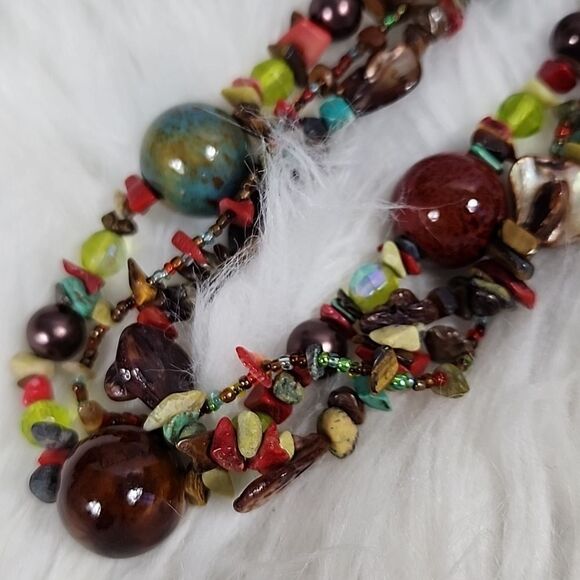 Artsy Colorful Eclectic Seashell, Ceramic and Stone Beaded Necklace - Picture 5 of 12